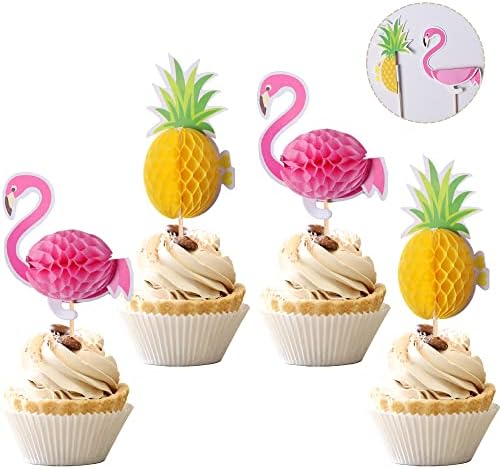 36 PCS Hawaiian Luau 3D Pineapple Cupcake Toppers Tropical Flamingo Cupcake Picks for Summer Hawaii Luau Tropical Aloha Theme Baby Shower Birthday Wedding Party Cake Decorations Supplies
