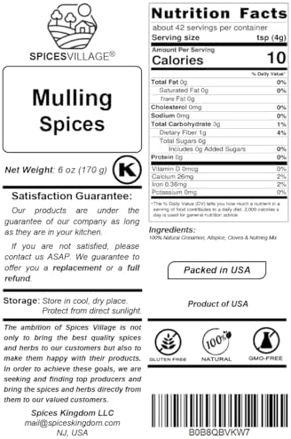 Mulling Spices for Apple Cider and Mulled Wine, Premium Spice Blend for Hot Cider and Warm Beverages, Mix of Cinnamon Allspice Cloves & Nutmeg, Kosher, Gluten Free, Vegan