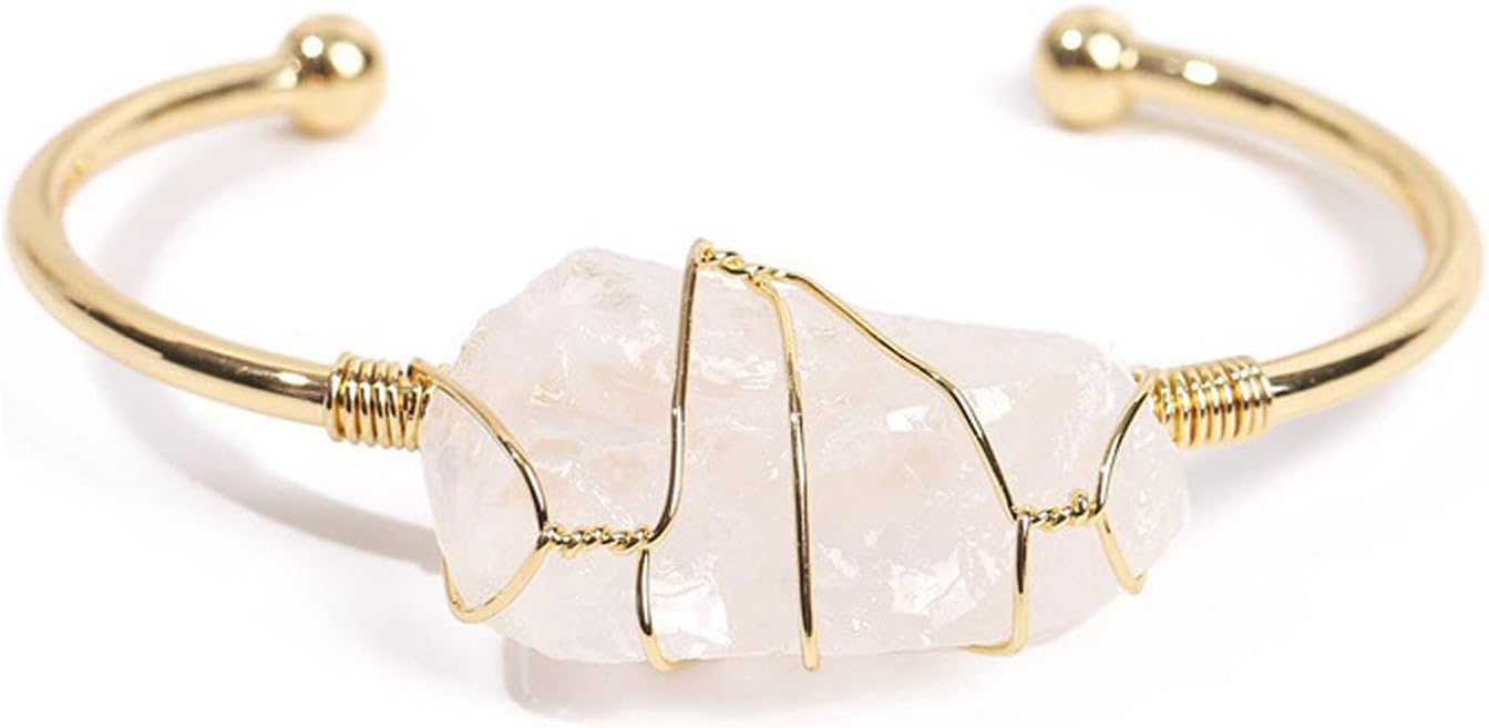 COLORFUL BLING Healing Stone Gold Plated Copper Wire Wrapped Natural Stone Cuff Bangle Gemstone Bracelet Chakra Energy Women Bracelet Jewelry