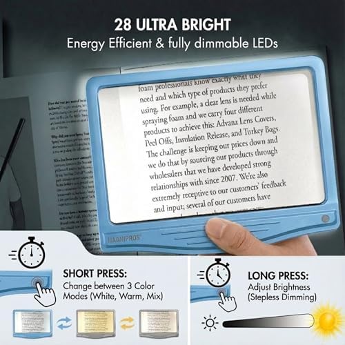 MagniPros 5X Rechargeable Large Ultra Bright LED Page Magnifier with Anti-Glare Lens & 3 Color Light Modes, Relieve Eye Strain- Ideal for Reading Small Print, Low Vision, Seniors