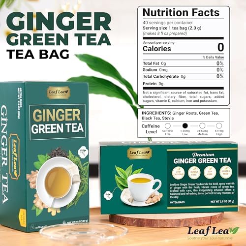 LeafLea Ginger Green Tea, 40 Individually Wrapped Tea Bags of Soothing Green Tea Blend with Natural Ginger Root, Sweetened with Stevia, Supports Digestion and Immunity, Low Caffeine, Sugar-Free
