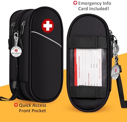 SITHON Double-Layer Epipen Carrying Case with Medical Alert Tag, Travel Medication Organizer Bag Pouch Holds 2 EpiPens, Asthma Inhaler, Anti-Histamine, Auvi-Q, Allergy Medicine Essentials (Black)