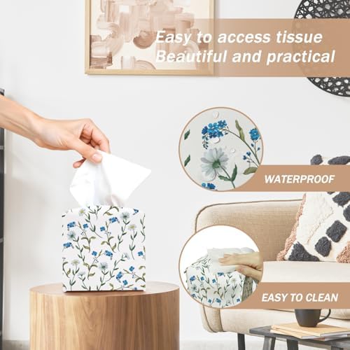 Dasiy and Blue Floral Tissue Box Cover Square with Bottom Belt, Leather Waterproof Tissue Holder Facial Paper Case for Tabletop Home Office Bathroom Car Decor -01