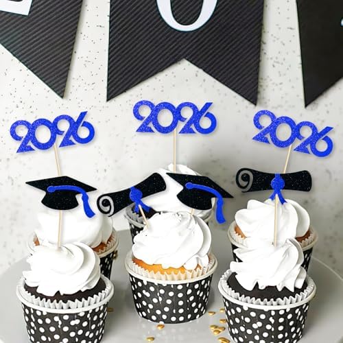 Pre-Assembled Graduation Cupcake Toppers 48 PCS, Class of 2026 Mini Cake Decorations Grad Cap & Diploma, Food & Appetizer Picks for Graduation Party