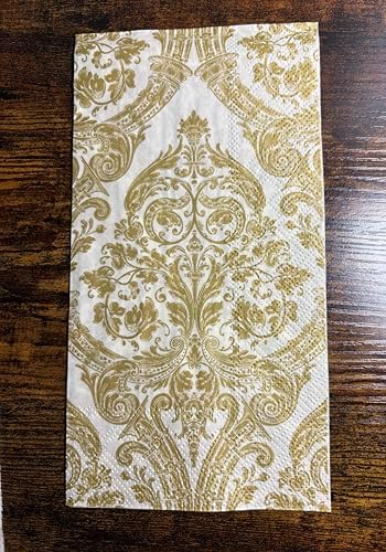 IHR Ideal Home Range Dinner Napkins Disposable 3-Ply Paper Hand Towels, 8.5" x 4.5", Grandeur (Cream/Gold), 16-Count
