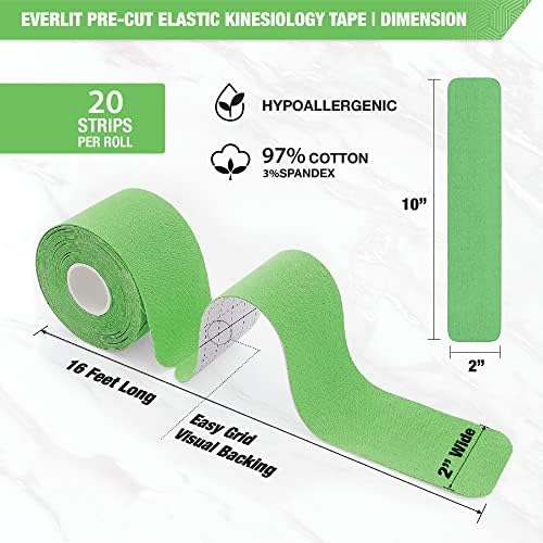 EVERLIT [4-Pack] Pre-Cut Elastic Cotton Kinesiology Therapeutic Athletic Sports Tape, for Pain Relief and Support, 80 Precut 10” Strips (Lime Green)
