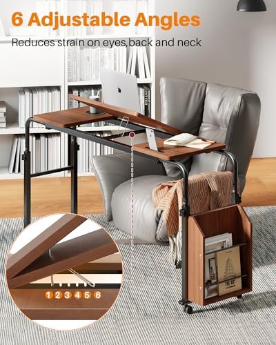 Laptop Desk for Bed,6-Angle Adjustable Overbed Table with Wheels,Adjustable Height and Length Bed Table for Laptop with Side Bookshelf,Standing Desk,Over Bed Desk for Working Hospital Home (Oaken)