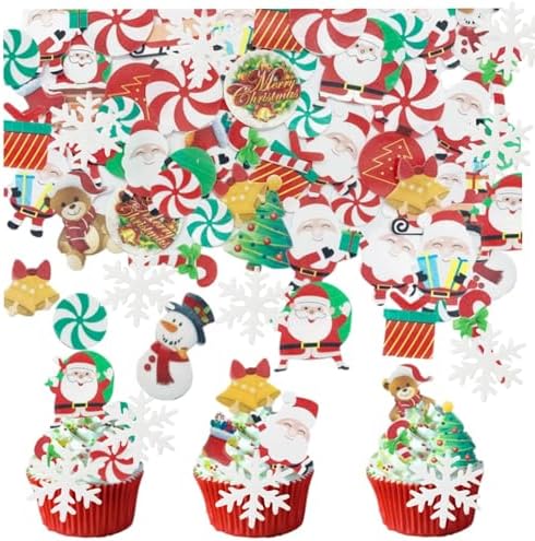 64PCS Christmas Edible Cake Topper Decorations Santa Claus Snowflakes Cupcake Toppers Wafer Paper