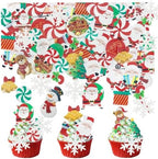 64PCS Christmas Edible Cake Topper Decorations Santa Claus Snowflakes Cupcake Toppers Wafer Paper