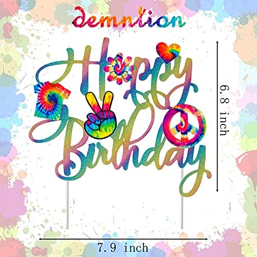 C L cooper life Tie Dye Happy Birthday Cake Topper - Gold, 1pc, 7.9 x 6.8 inches - Tie Dye Party Decoration for Carnival, Baby Shower, Birthday