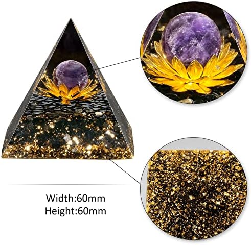 Nupuyai Healing Reiki Crystal Sphere Orgone Pyramid with Lotus and Black Obsidian Chips Stones, Stone Orgonite Energy Generator for Protection Meditation Office Home Decor, Amethyst