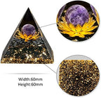 Nupuyai Healing Reiki Crystal Sphere Orgone Pyramid with Lotus and Black Obsidian Chips Stones, Stone Orgonite Energy Generator for Protection Meditation Office Home Decor, Amethyst