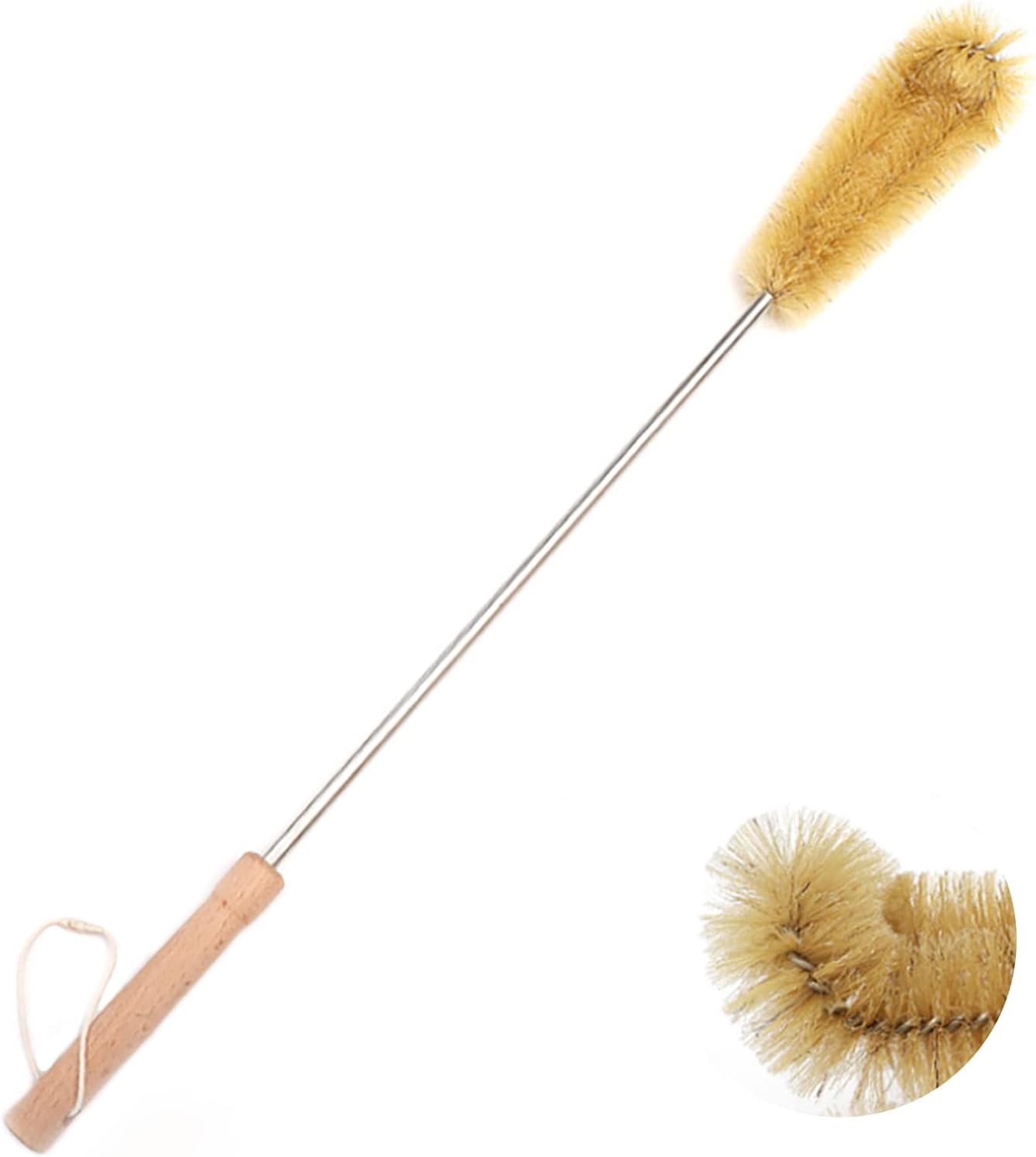 24 inch Extra Long Brush, Elbow Bristle, with Beech Wood Handle, Bendable Washing Brush, with Stainless Steel Pole, for Tall Bottle, Gallon Water Jug, Big Vessels, Floor Vase, Flower Pot