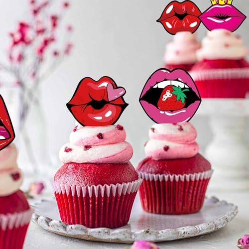 42Pcs Edible Edible Valentine’s Day Cupcake Toppers Red Lip Cupcake Toppers for Wedding Bachelorette Party Valentine's Theme Party Cake Decoration Supplies