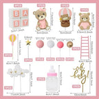 44 PCS Bear Cake Toppers - Mini 3D Bear BABY Letters Milk Bottle Pink Gold Foam Balls Cake Toppers for Boy Girl Birthday Party Baby Shower Cake Decorations