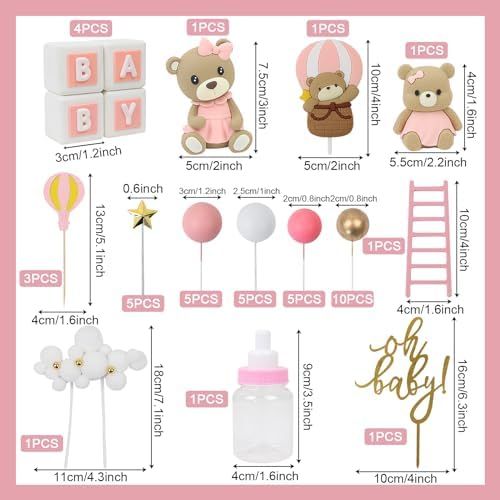44 PCS Bear Cake Toppers - Mini 3D Bear BABY Letters Milk Bottle Pink Gold Foam Balls Cake Toppers for Boy Girl Birthday Party Baby Shower Cake Decorations