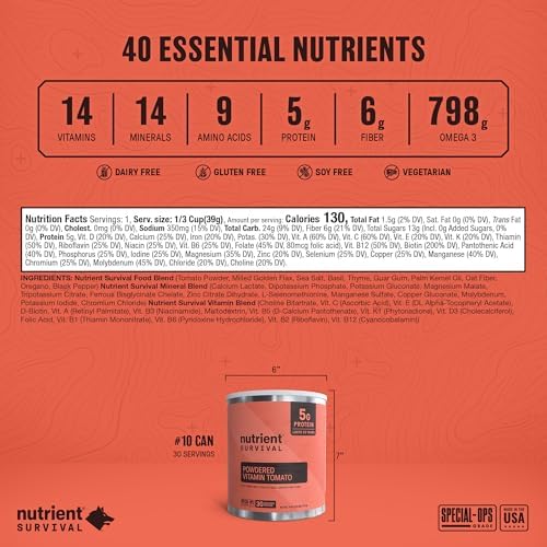 Nutrient Survival Tomato Powder, Powdered Vitamin Tomato (30 Servings) Emergency Food Supply & Camping Supplies for Soups, Sauces, Meatloaf, 40 Nutrients, Shelf Stable up to 25 Years, One Can