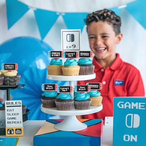Blue and Red Video Game Controller Cupcake Toppers, Set of 36 – Gamer-Themed Party Decorations for Birthdays and Events by Pretty Cute Studios