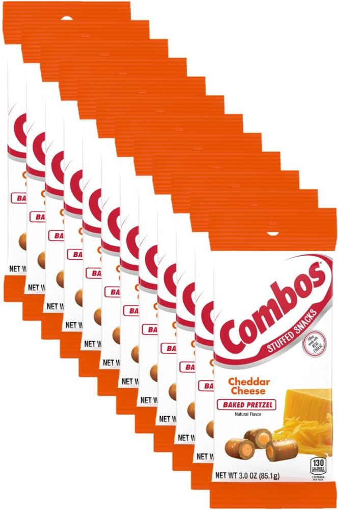 COMBOS Stuffed Snacks Cheddar Cheese Baked Pretzel Snacks, 3.0 Oz Pretzels Individual Bags (Pack of 12)