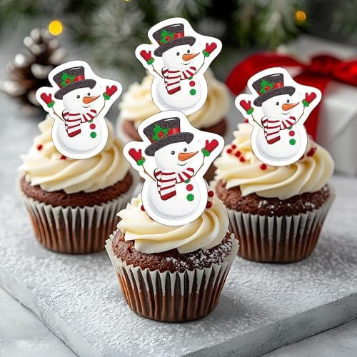 50 PCS Edible Christmas Snowman Cupcake Toppers Edible Xmas Themed Cake Toppers Wafer Paper Snowman Decorations for Christmas Theme Baby Shower Kids Birthday Holiday Party Cake Decorations Supplies