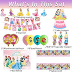 62PCS Disne Princess Party Supplies, Birthday Decorations Set Include Banner, Balloons, Backdrop, Cupcake Toppers, Tablecloth, Hanging Swirls for Kids Princess Theme Birthday Party