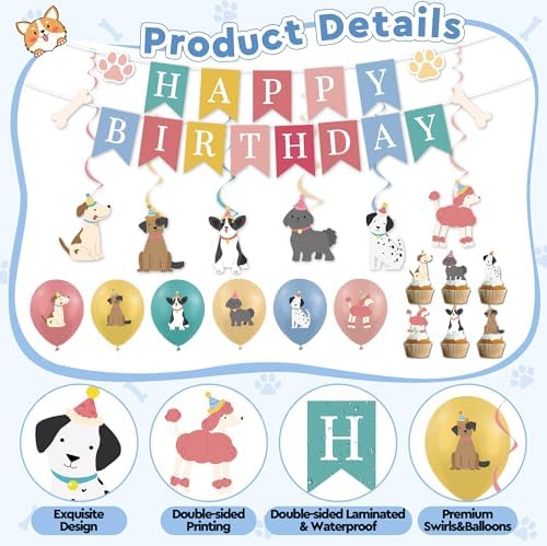 28Pcs Dog Birthday Party Decoration Set Include Vintage Dog Birthday Banner Puppy Print Hanging Swirls Dog Balloons Cupcake Toppers Retro Puppy Decorations for Baby Shower Pets Themed Party Supplies