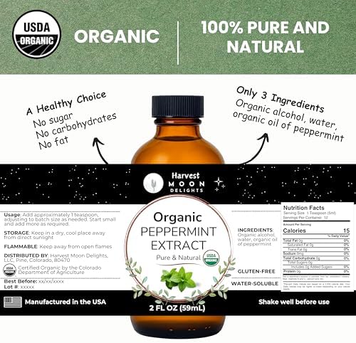 Organic Peppermint Extract for Baking, Ice Cream, Drinks, and Candy - 2 oz - Water-Soluble - By Harvest Moon Delights - Pure Peppermint Flavoring, Mint Extract
