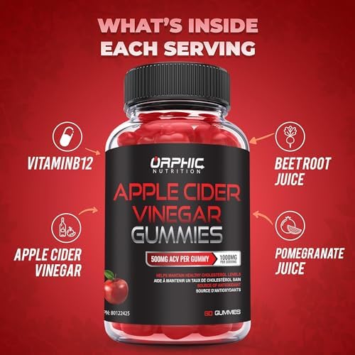 ORPHIC NUTRITION Apple Cider Vinegar Gummies - 1000mg - ACV Weight Loss Gummies - Supports Digestion, Detox & Cleansing - VIT B12, Beetroot - Gomitas de Vinagre de Manzana (60 pcs)