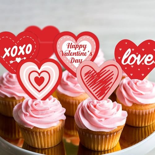 42Pcs Edible Happy Valentine's Day Cupcake Toppers Wafer Paper Sweet Love Heart Cupcake Pick Decorations Valentine's Day Cake Decorations Supplies