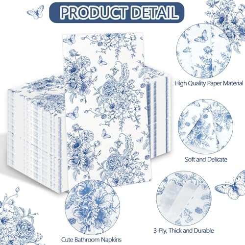 100PCS Blue Floral Napkins Disposable Hand Towels for Bathroom 3 Ply Blue and White Paper Napkins Decorative Flower Guest Napkins Chinoiserie Napkins for Wedding Bridal Shower Birthday Cocktail Party