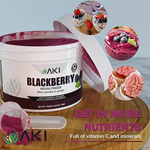 AKI BlackBerry Powder, Ideal in Nutrients, Vitamin C, Sugar-Free, Vegan-Friendly - Ideal for Baking, Flavoring, Smoothie, Yogurt, Popsicles, Sprinkle of Magenta Color (5.29oz/150g)