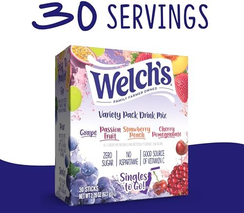 Welch's Singles To Go Variety Pack, Watertok Powdered Drink Mix, Includes 4 Flavors, Grape, Passion fruit, Strawberry Peach, Cherry Pomegranate, 1 Box (30 Servings)