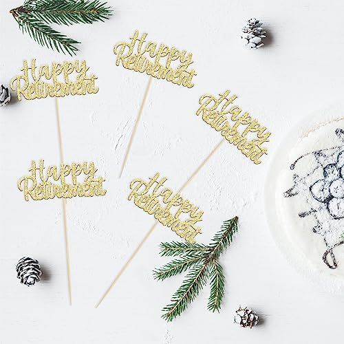 Gyufise 36 Pack Gold Glitter Happy Retirement Cupcake Toppers Retired Cupcake Picks Retirement Theme Birthday Party Cake Decorations Supplies