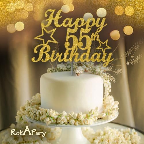 55 Birthday Cake Topper Gold Glitter, Party Decoration Ideas, Premium Quality, Sturdy Doubled Sided Glitter, Acrylic Stick. Made in USA (55th)