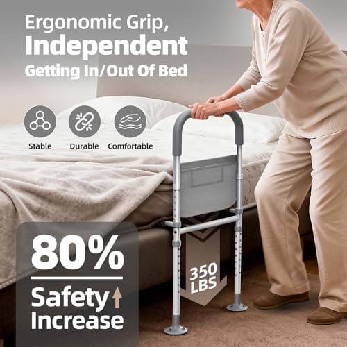 Bed Rails for Elderly Adults Safety: ASTM Approved Adjustable Bed Assist Rail for Seniors with Storage Bag & Non-Slip Handle - Bedside Grab Bar Supports up to 350 Lbs - Fits King Queen Full Twin Bed