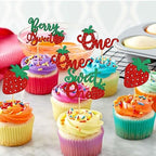 24 Pack Strawberry One Cupcake Toppers Strawberry Sweet One Cupcake Picks for Birthday Wedding Party Baby Shower Summer Garden Party Decoration Supplies Green