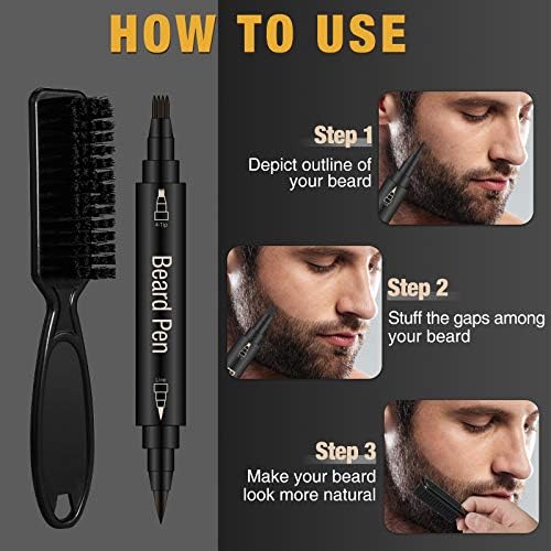 Beard Pencil Filler For Men, 4 Tip Facial Hair Pen Kit With Brush - Mustache Repair & Shaping Tool, Enhances Hair (BROWN)