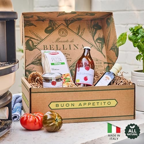 Mercato di Bellina Organic Pizza Kit Gift Basket - Authentic Homemade Pizza Making Kit for Home Chefs, Italian Gift Basket Includes Organic Crust Mix, Sauce, Garlic EVOO & Sun-Dried Tomatoes