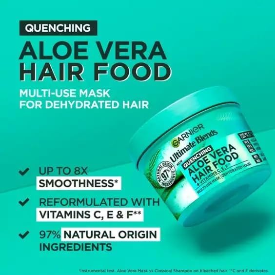 Garnier Fructis Aloe Vera+ Hair food - 100h Moisture Multi-UseMask, For Dry Hair & Scalp - Aloe Vera + Vitamins C, E, F - Cruelty Free International & Vegan - 400ml
