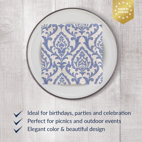 PAW - 100 Pack Blue Cocktail Napkins 5'' x 5'', Disposable Beverage Napkins with Portuguese Tiles Motive, Paper Towels for Wedding, Birthday, Bridal Party, Decoupage, Decorative Supplies