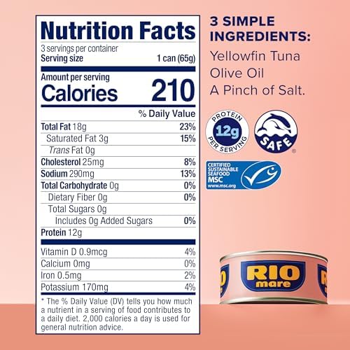 Rio Mare Premium Yellowfin Tuna with a Drizzle of Olive Oil, 2.3 Ounce Can (24 Pack), Italy's No.1 Tuna Brand, Wild Caught, High Protein Canned Tuna, No Draining Required, Packaging May Vary