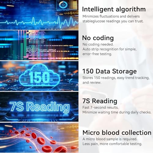 Metene S Blood Glucose Monitor Kit, Blood Sugar Testing Kit With 50 Test Strips & 50 Lancets & Control Solution, No Coding 0.7μl Blood, 7s Fast Reading, 150 Data Storage, Diabetes Testing Kit