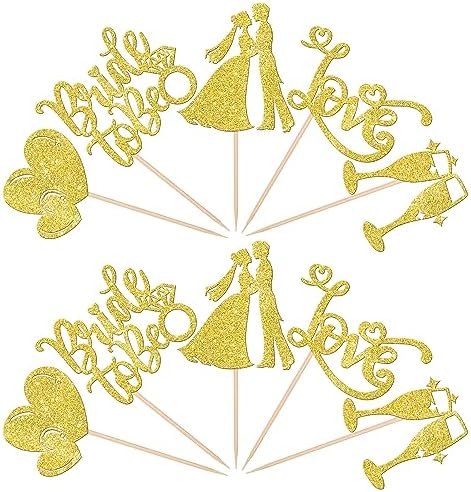 Rsstarxi 30 Pack Bridal Shower Cupcake Toppers Bride to Be Cupcake Toppers Glitter Love Heart Ring Bride and Groom Cupcake Picks for Wedding Engagement Bachelorette Party Decorations Gold