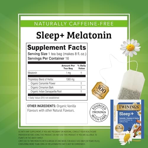 Twinings Superblends Sleep+ Herbal Tea with 1mg Melatonin, Camomile, Cinnamon & Vanilla, Naturally Caffeine-Free, 16 Tea Bags (Pack of 6), 96 Teabags
