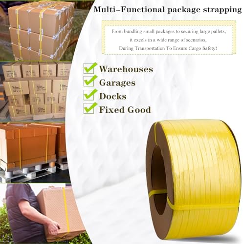 Poly Strapping, Packaging Banding Strap, Pallet Strapping Roll 3280' Length - Polypropylene Strapping 1/2" Width, 0.030" Thickness, 300 lbs Break Strength, Yellow Packing Straps