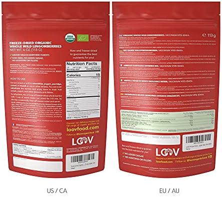 LOOV Whole Berry Bundle | Organic Whole Wild Blueberries and Organic Wild Lingonberries | No Added Sugar | Freeze Dried Berries from Northern Europe | 4oz Packs