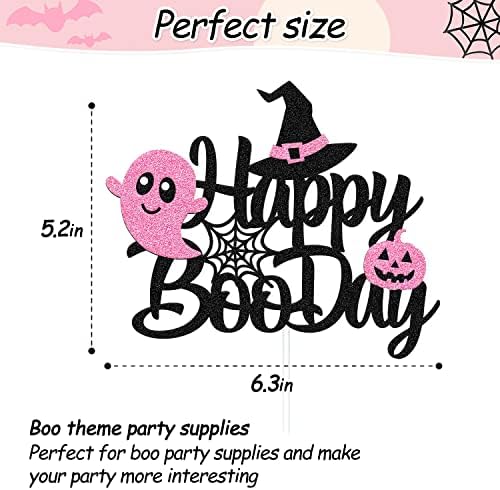 Happy Boo Day Cake Topper Pink and Black Halloween Cake Decoration Halloween Ghost Witches Bat Spider Pumpkin Theme for Kids Girl Birthday Baby Shower Party Supplies