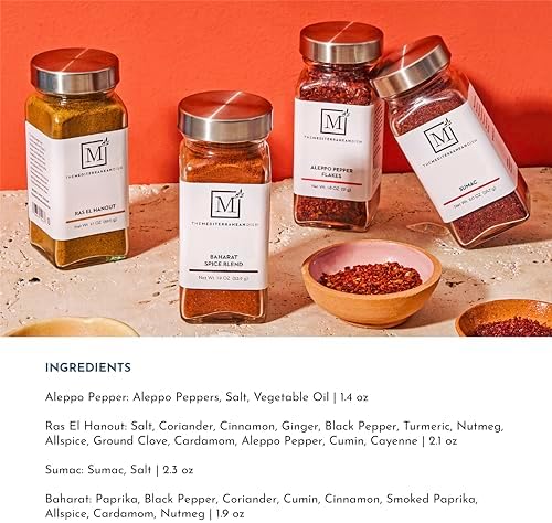 The Mediterranean Dish Exotic Middle Eastern Spice Bundle - Baharat, Ras El Hanout, Aleppo Pepper and Sumac - Gourmet Mediterranean Seasonings Set - Warm, Tangy and Aromatic Blends - Set of 4 Glass Bottles