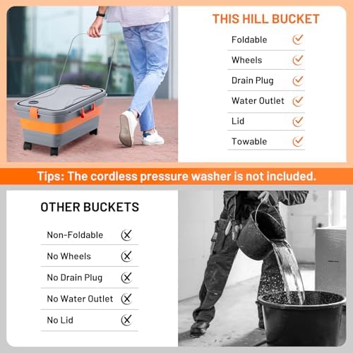 This Hill Collapsible Bucket for Car Washing, 5.5 Gallon Car Wash Bucket with Wheels, Handle, Drain Plug and Water Outlet, Foldable for Mop Cleaning, Camping, RV, Pet Bathing and Laundry