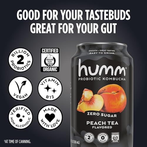 Humm Probiotic Kombucha Zero Sugar Peach Tea, No Refrigeration Needed, Keto Friendly, Organic, Vegan, Gluten Free, 12oz Cans (16 Pack)